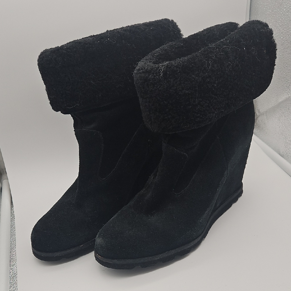 UGG Black Suede Wedge Boots with Fold-Over Faux Fur Cuff